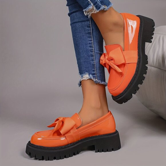 Orange Patent Platform Loafers with Bow | Chunky Lug Sole Slip-On Statement Shoe - Picture 2 of 7